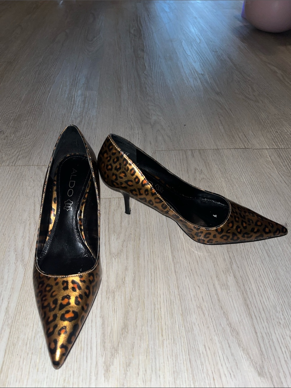 ALDO Leopard-Print Pointed-Toe Kitten Heel Pumps in Metallic Gold and Black 6